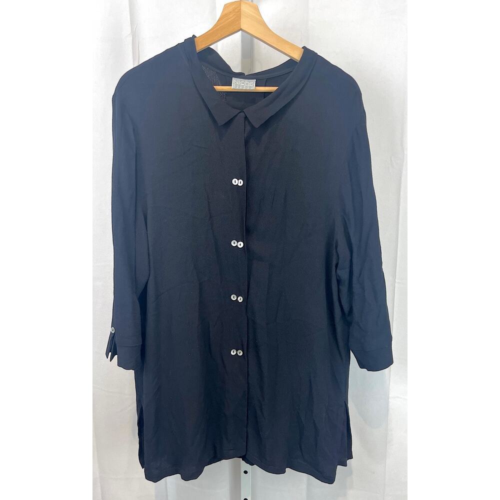 NICHE Nilgun Derman Button Front Tunic Top 3/4 Sleeve Rayon Crepe Black Size L